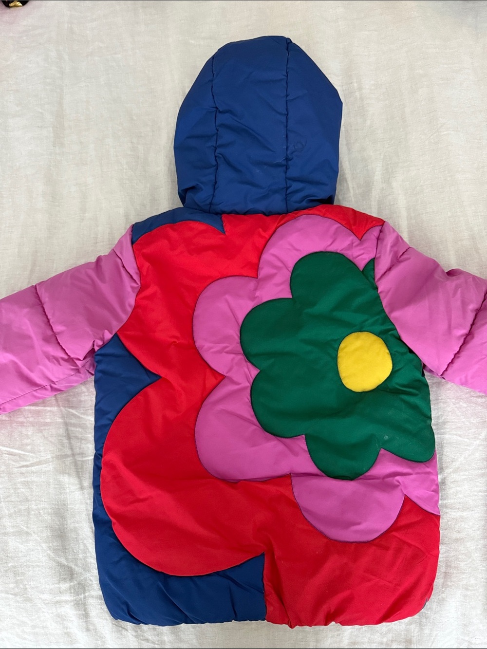 Mini Boden Puffer Jacket with Colorblock Flower